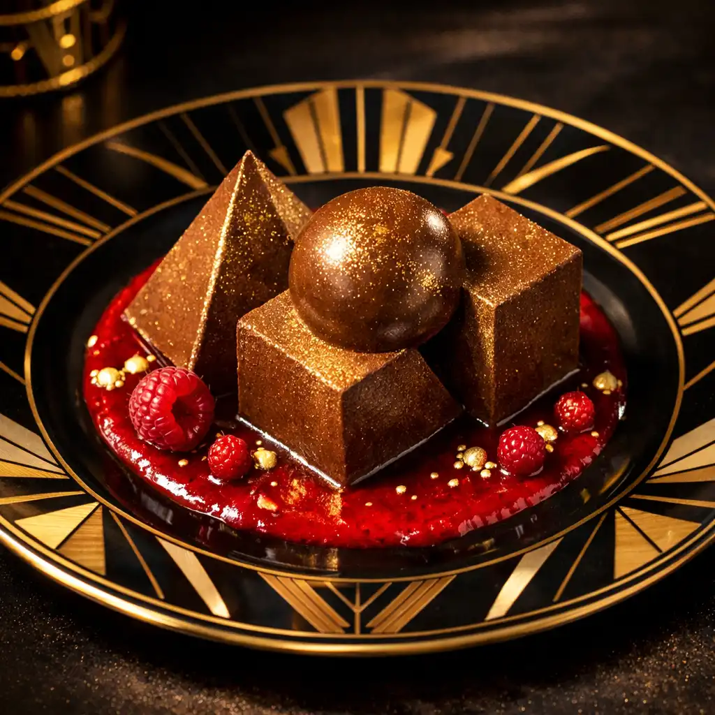 Art-Deco Desszert: csokoládé mousse aranyporral és málna coulis-val, geometrikus formában tálalva