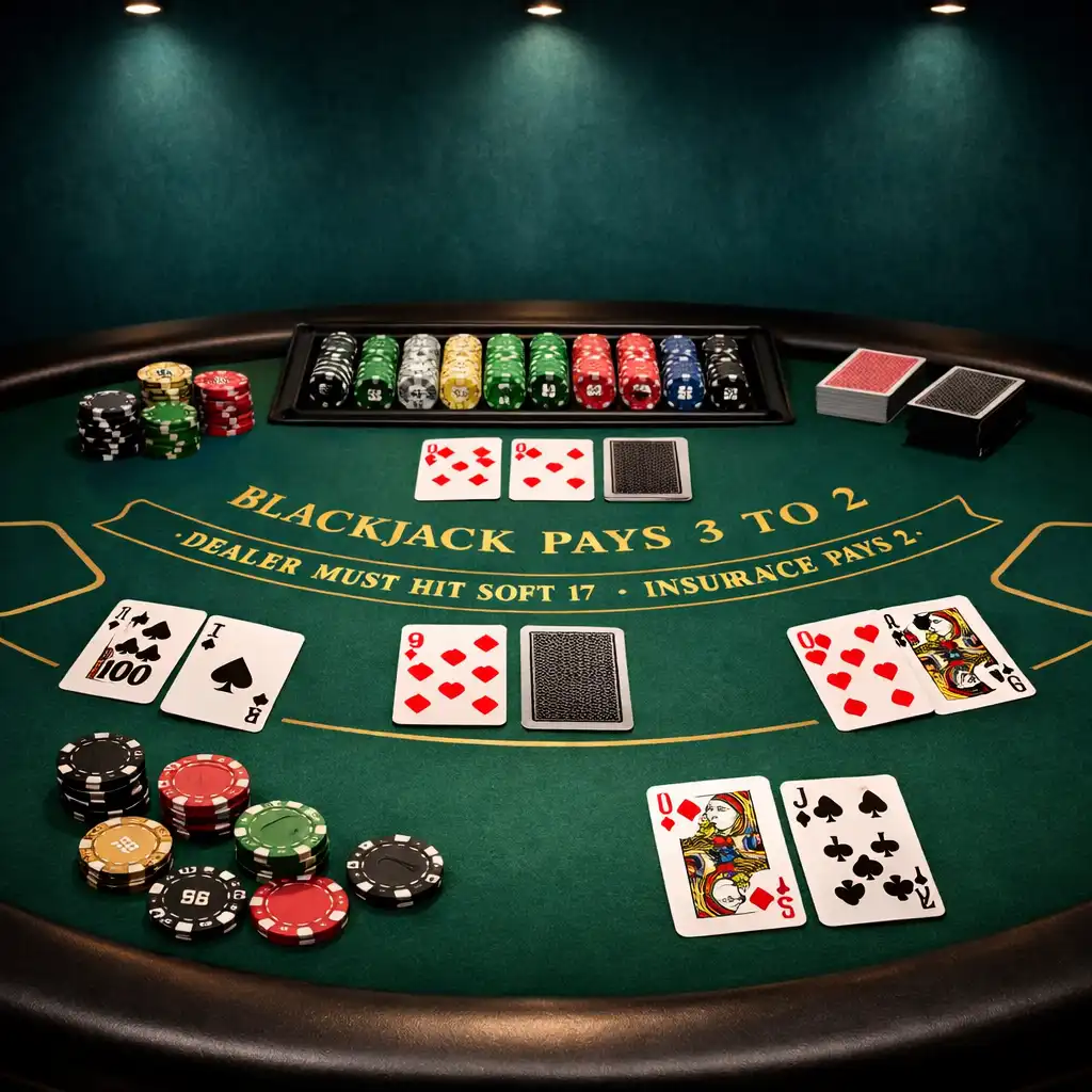 Félkör alakú blackjack asztal prémium kártyákkal és zsetonokkal, sötét türkiz háttérrel