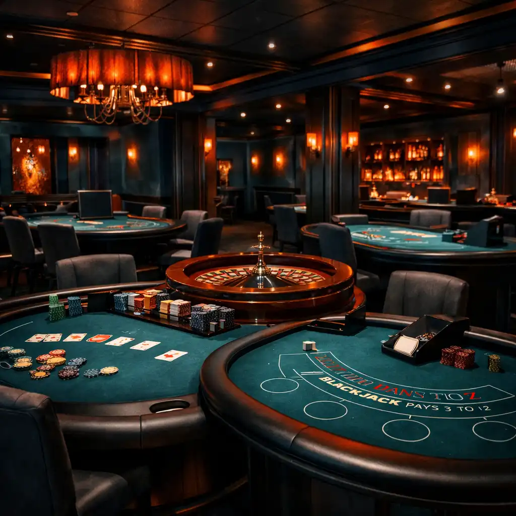 Az offline kaszinó belső tere sötét tónusokkal, poker, rulett és blackjack asztalokkal