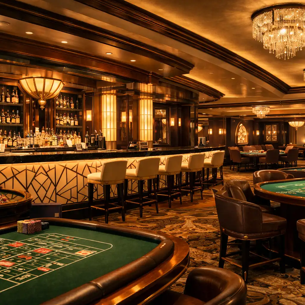 A Dining House 54 casino lounge-ja elegáns bárpulttal, játékasztalokkal és art-deco bútorokkal