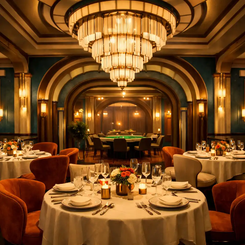 A Dining House 54 elegáns, art-deco stílusú étterem belső tere, meleg világítással, geometrikus boltívekkel és a háttérben halványan sejlő kaszinó lounge bejárattal