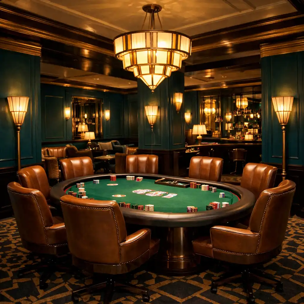 A kaszinó lounge területe sötét türkiz falakkal, poker asztallal és bőr székekkel