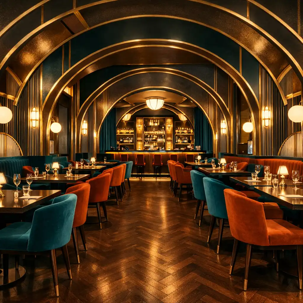 A Dining House 54 art-deco étterem belső tere geometrikus boltívekkel, sötét fa padlóval és meleg fényekkel
