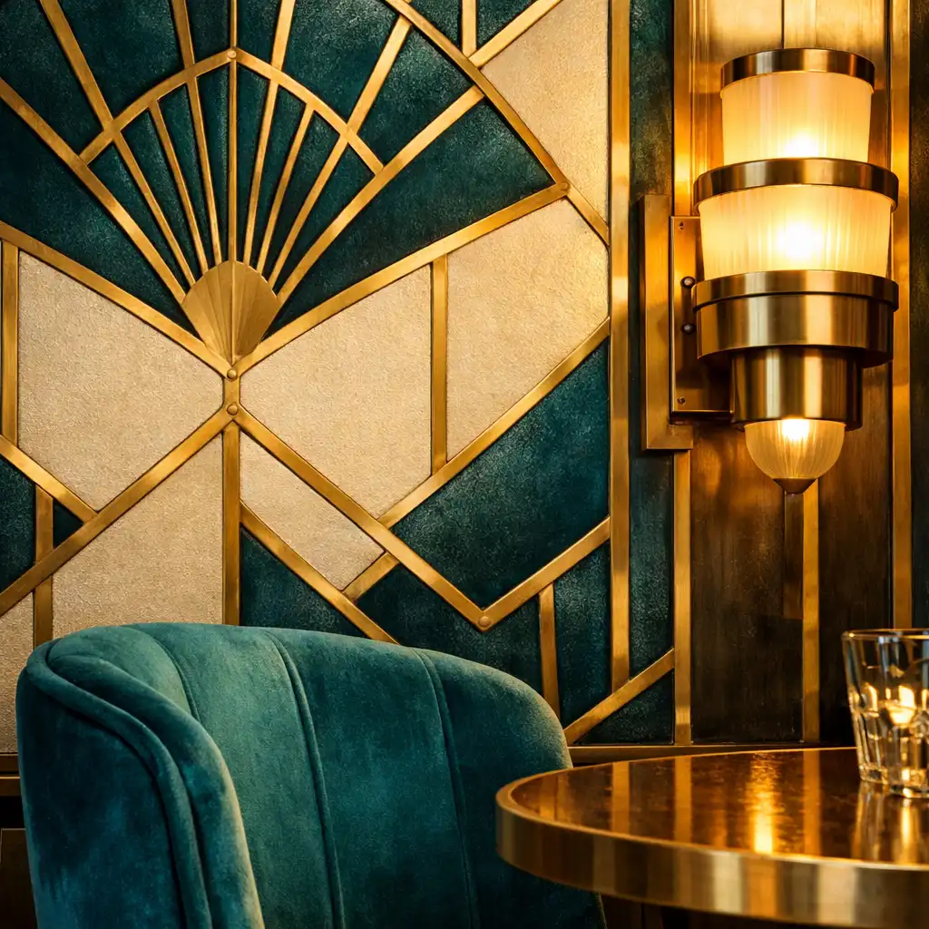 Közeli kép egy art-deco részletről: geometrikus falminta, sárgaréz lámpa és bársony szék