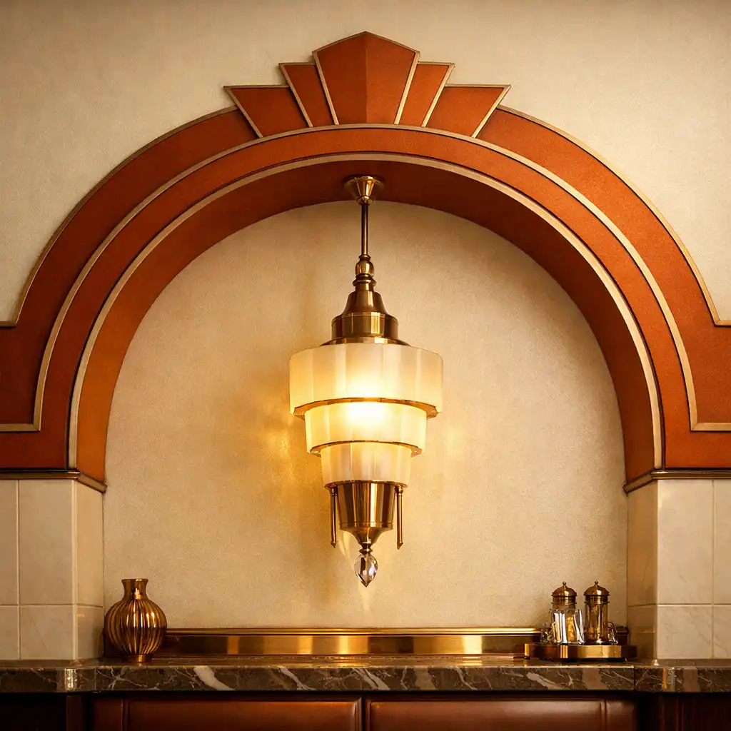Art-deco boltív rozsda-narancs szegéllyel és elegáns lámpával
