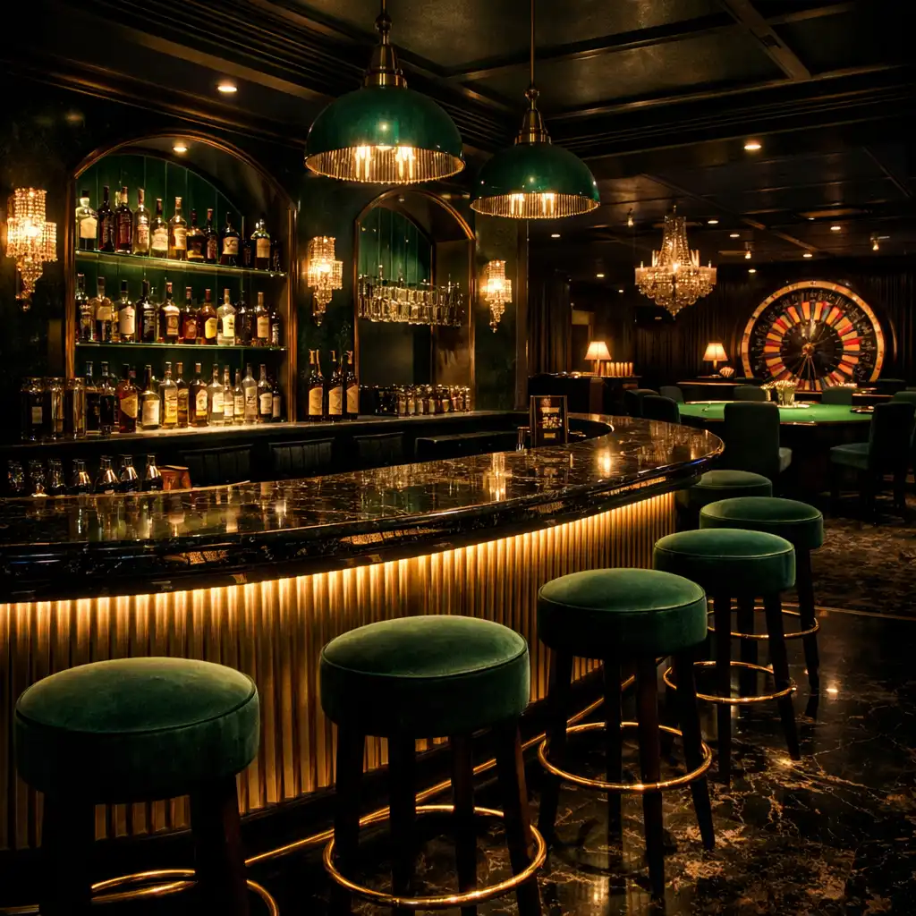 Elegáns kaszinó lounge bárpulttal, a háttérben poker asztalok és roulette kerék