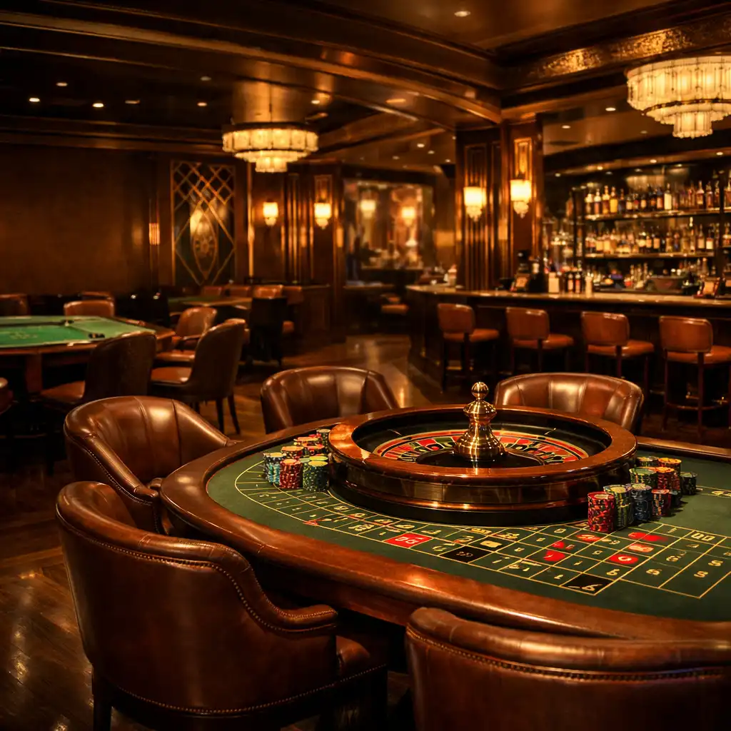 Elegáns art-deco kaszinó belső tér éjszaka, középen roulette asztal, háttérben poker asztalok és bárpult