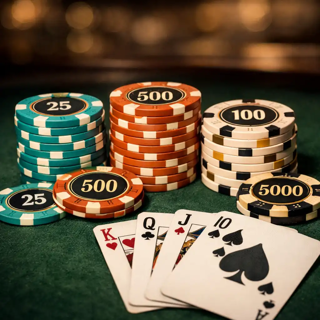 Kerámia zsetonok és prémium kártyák közeli képe egy poker asztalon