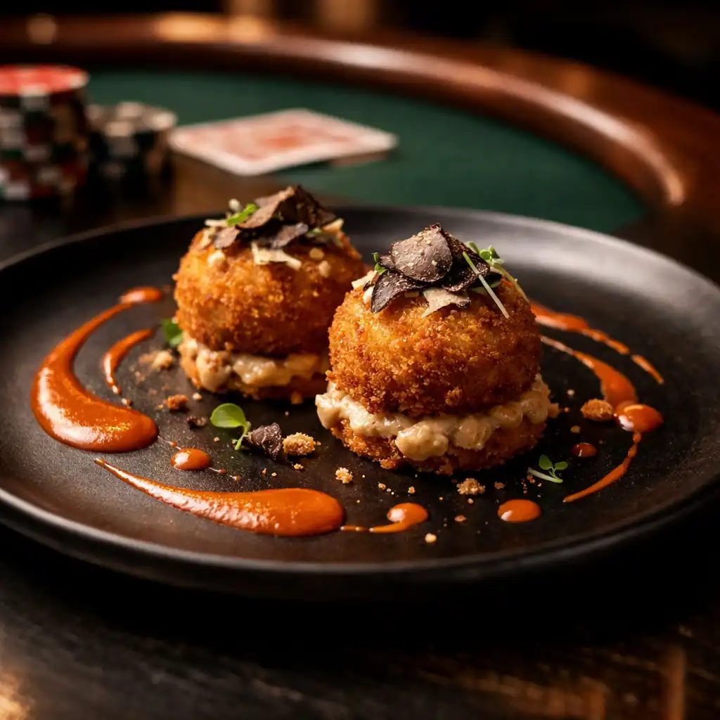 Elegáns tálalású mini wagyu burger sötét tányéron, rozsda-narancs mártással