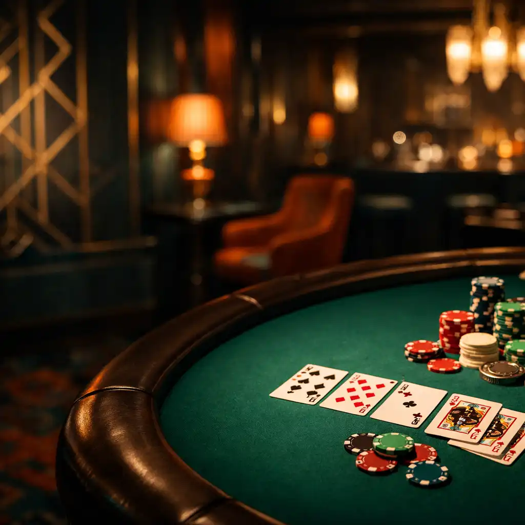 Elegáns art-deco poker lounge belső tere zöld filc asztallal, kártyákkal és zsetonokkal