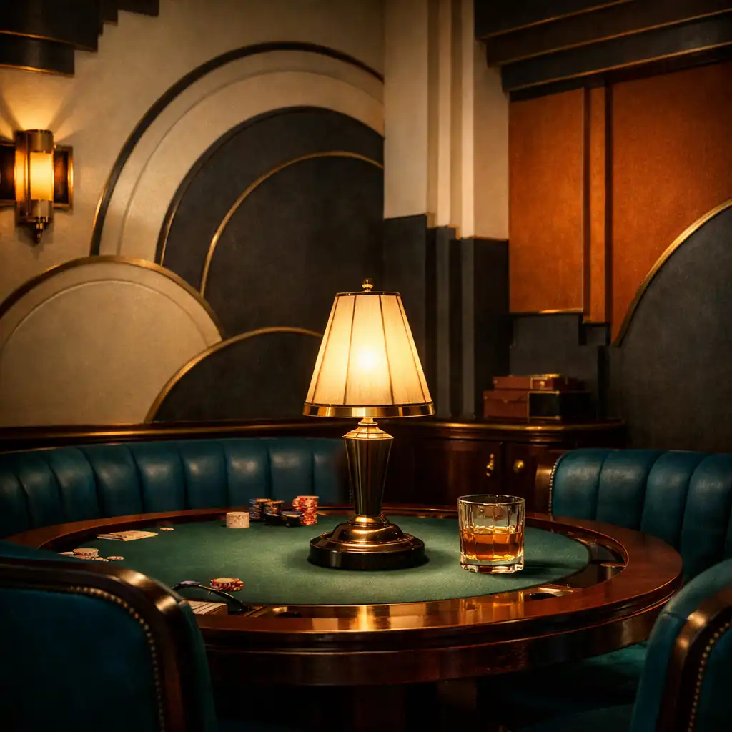 Art-deco stílusú poker szoba részlete íves falakkal, sötét fa bútorokkal és meleg félhomállyal