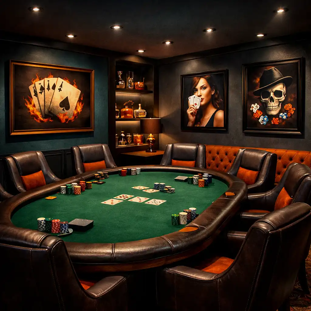 Exkluzív poker lounge zöld posztóval borított asztallal és sötét bőr székekkel
