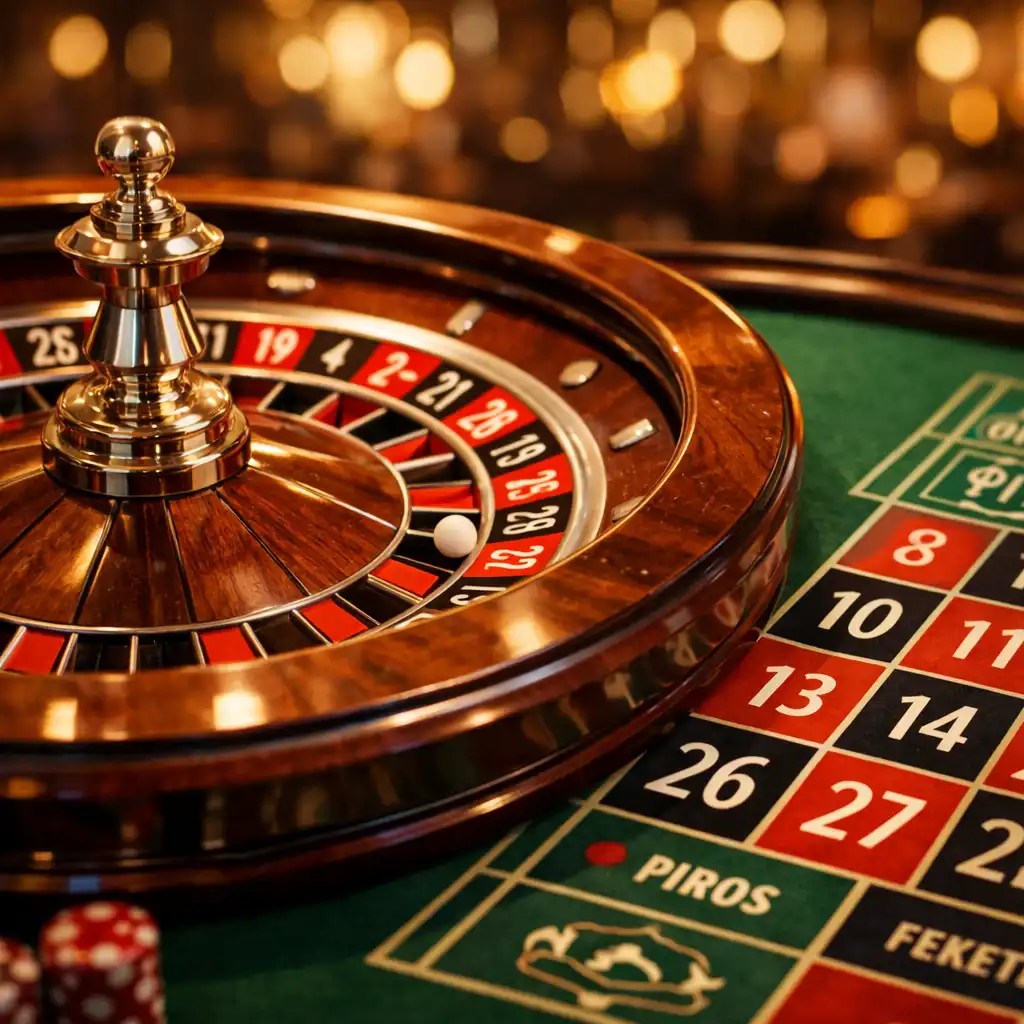 Roulette asztal a Dining House 54 kaszinójában, éles fókuszban a kerékkel és a tétmezővel