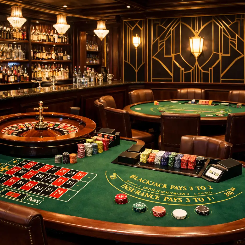 Roulette és blackjack asztalok egymás mellett egy elegáns kaszinó sarokban